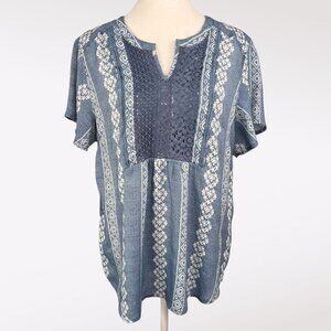 Como Vintage Blue & White Short Sleeve Boho Tunic Top Medium